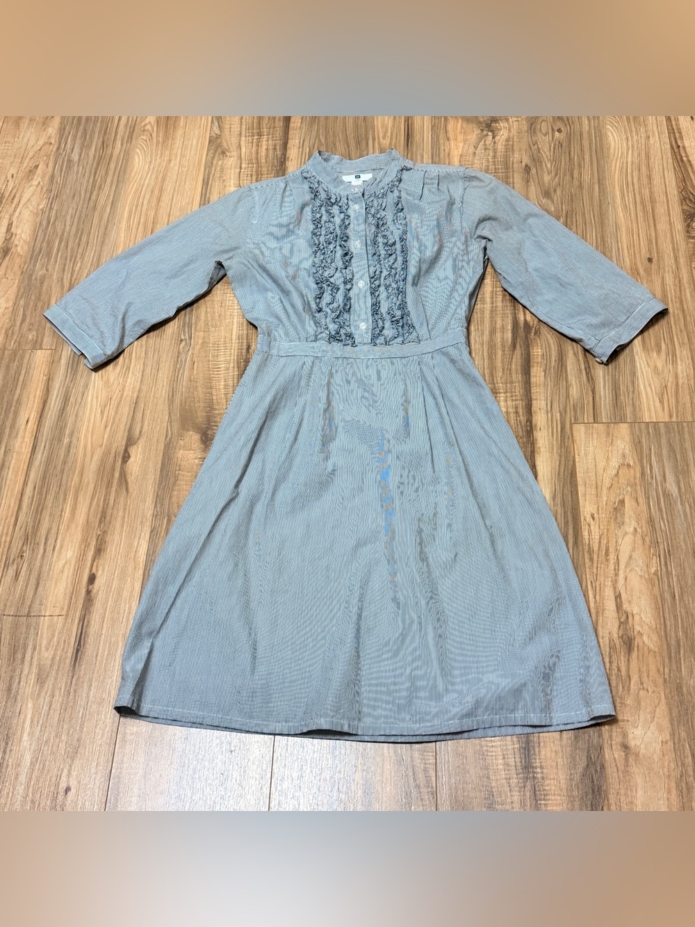 GAP Ruffled Cotton Chambray Button Down Striped Midi Dress 2 - Picture 3 of 6